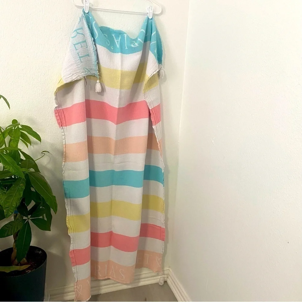 Victoria Secret Throw Beach Blanket 50x60” Peach Pink Yellow Blue 100% Cotton
